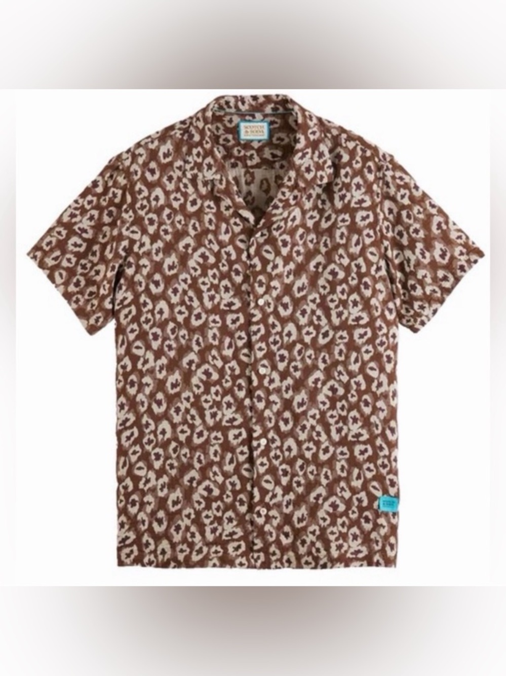 Scotch & Soda Brown and Cream Leopard-Print Short Sleeve Button Shirt